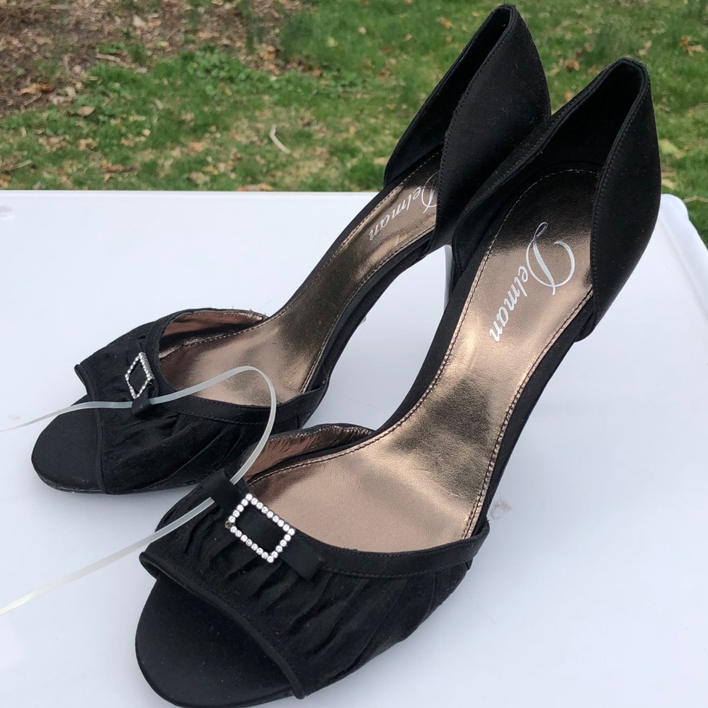 Delman Black Sateen Crystal Buckle Heels Y2K Vintage Coquette New Size 8.5